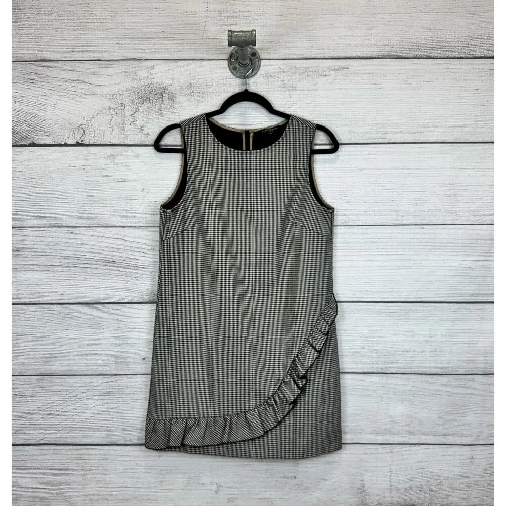 Tara Jarmon Women's Houndstooth Sleeveless Shift Ruffle Dress Size 40/8